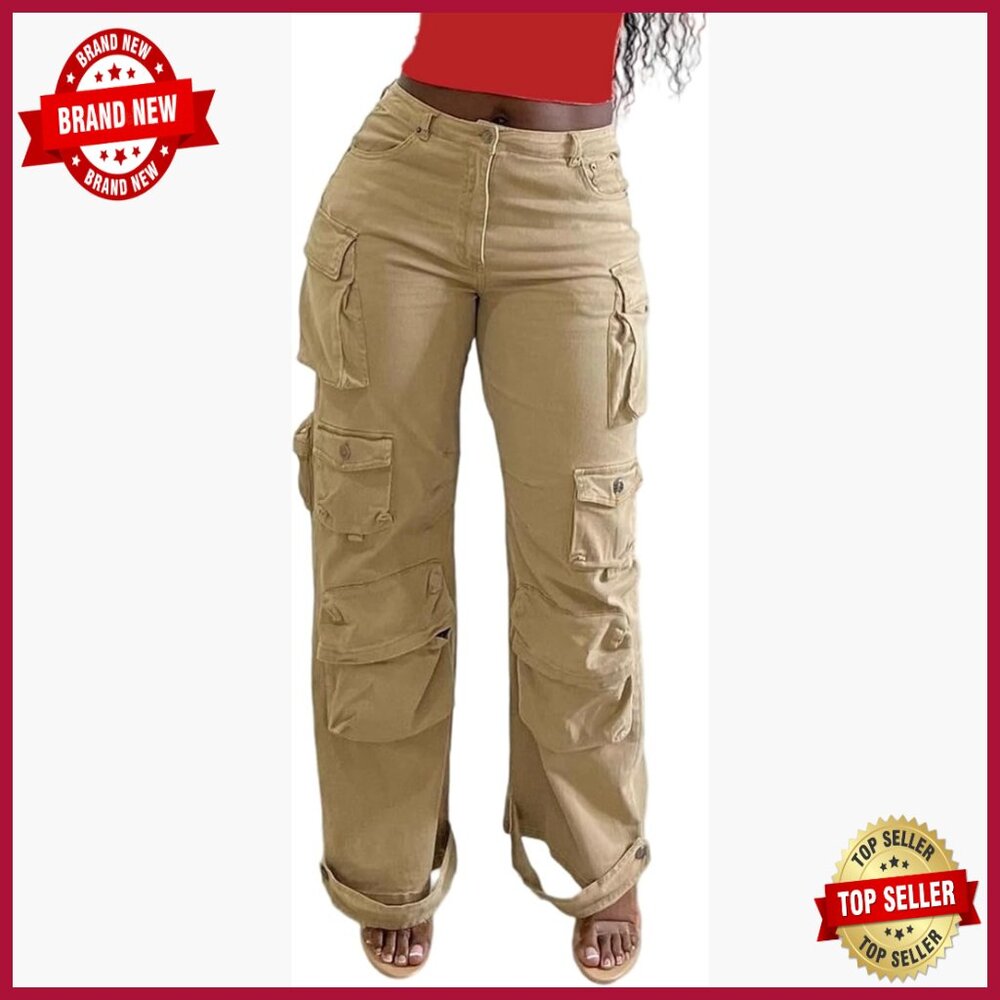 High Waisted Cargo Jeans Stretchy Straight Leg Pants with Pockets